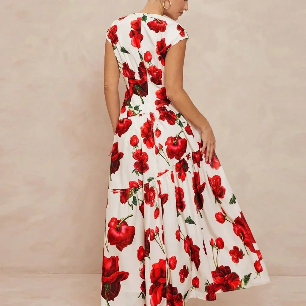 White Elegant Women's Sleeveless Ruched Waist Asymmetrical Patchwork Dress - Picture 2 of 5